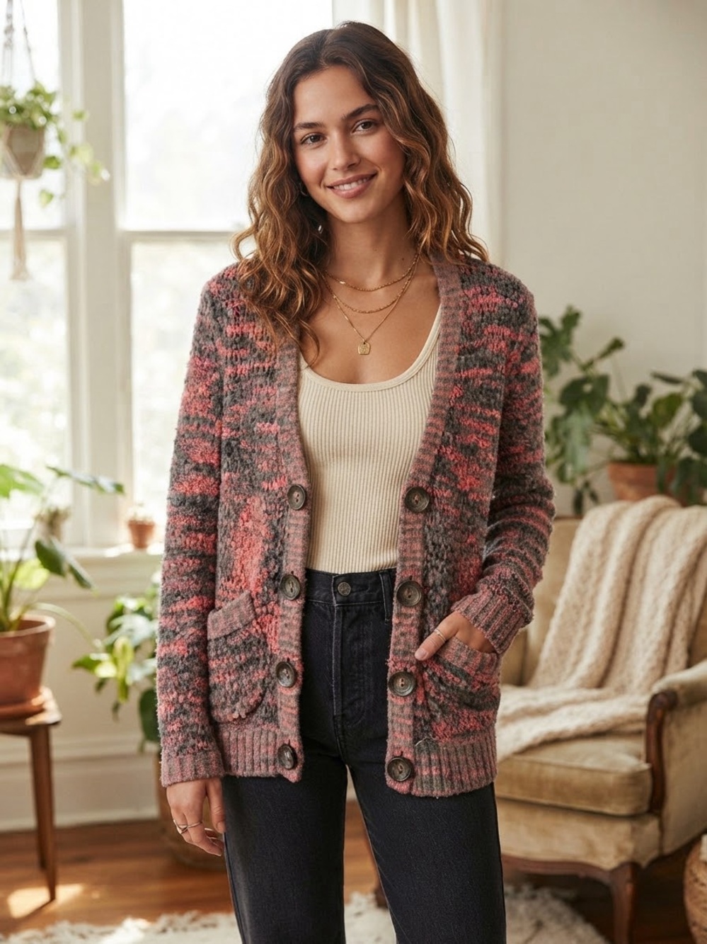 Free People Cozy Pink Gray Button-Front Cardigan Sweater